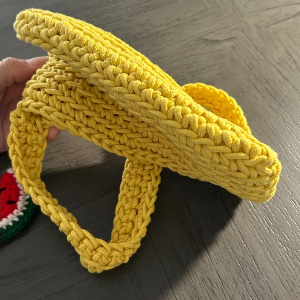 Handmade VINTAGE Yellow Crochet Shoulder Bag with Watermelon Charm 🍉